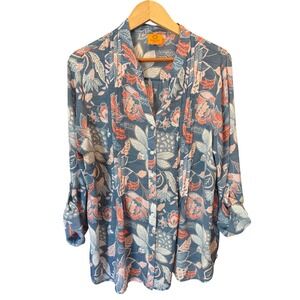 Ruby Rd Woman Blue Coral Floral Pintuck Roll Tab Button Down Blouse Plus Size 3X